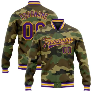 Custom Camo Purple-Gold Bomber Full-Snap Varsity Letterman Salute To Service Jacket