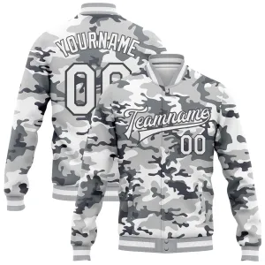 Custom Camo White-Steel Gray Snow Camouflage 3D Bomber Full-Snap Varsity Letterman Salute To Service Jacket