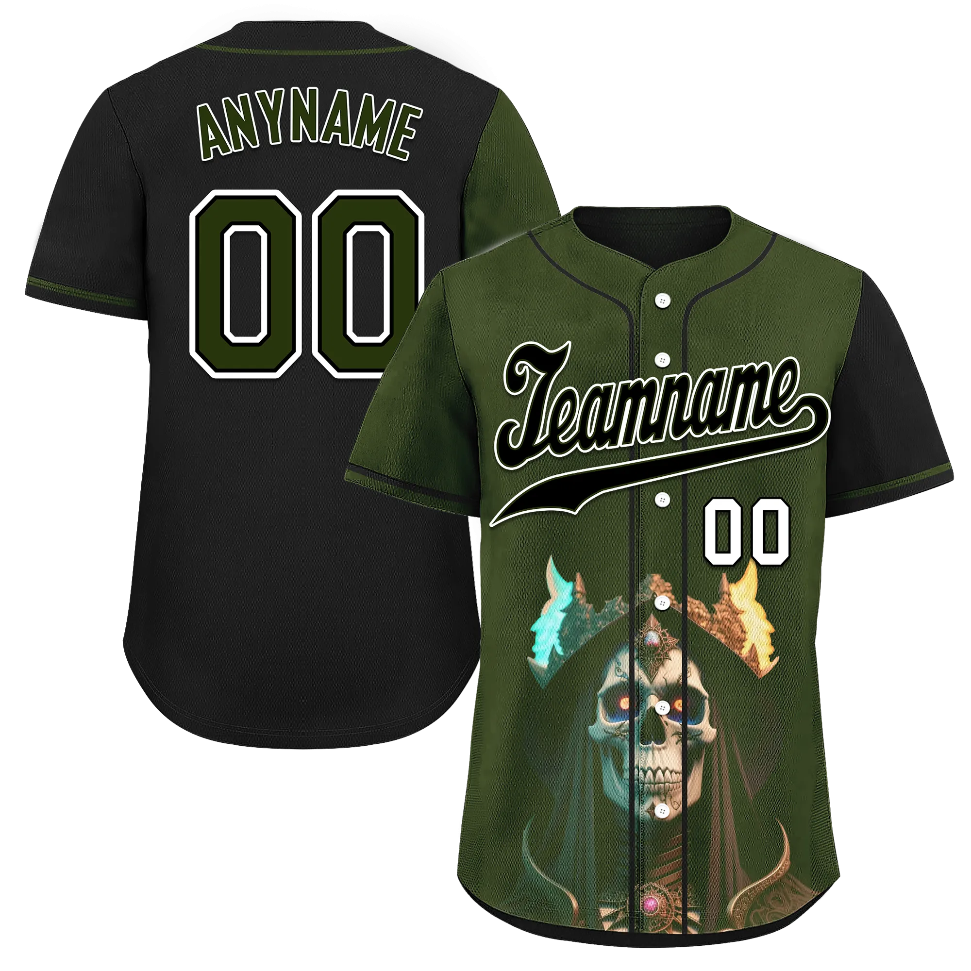 Custom Green Black Skull Fashion Personalized Authentic Baseball Jersey BSBJ01-D017152