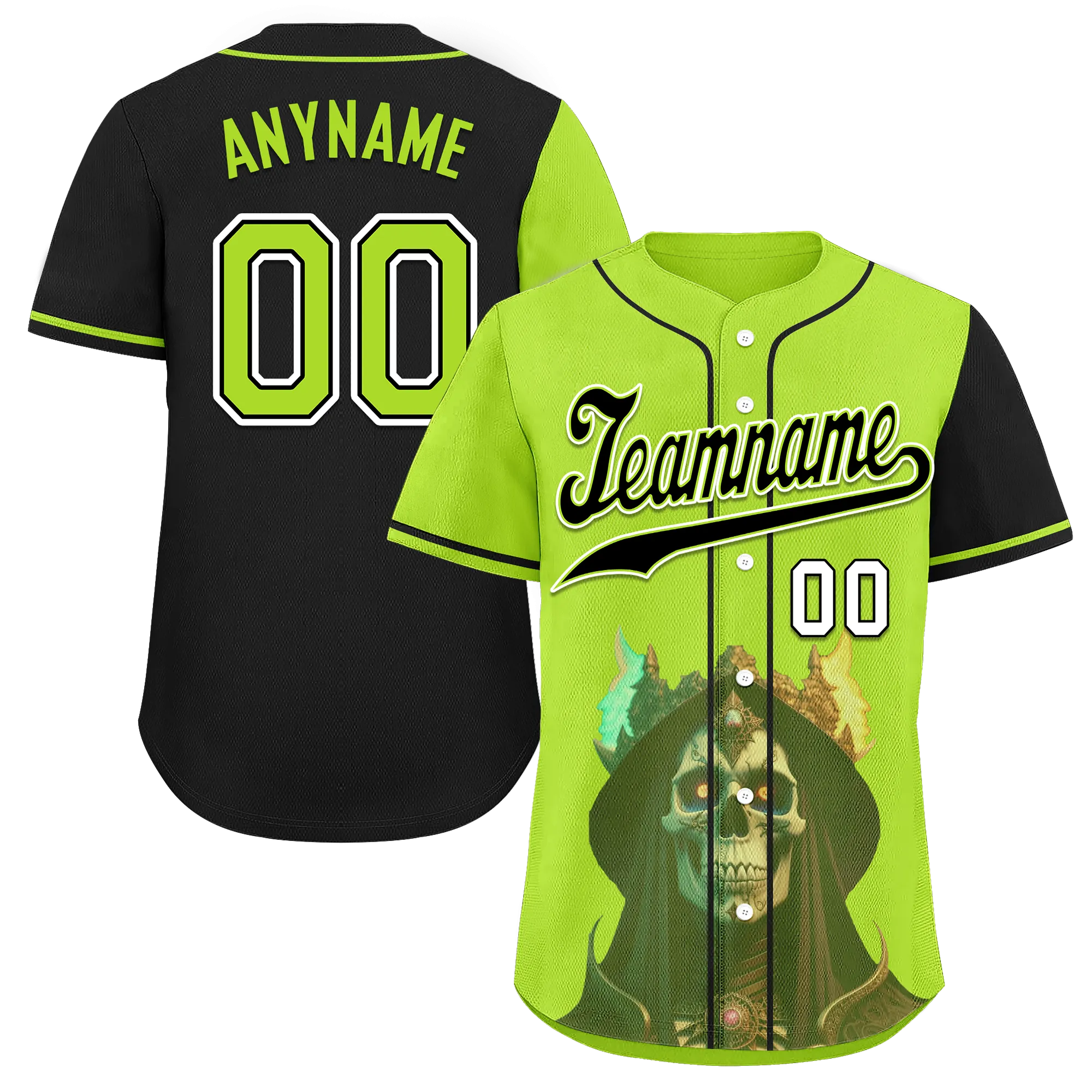 Custom Green Black Skull Fashion Personalized Authentic Baseball Jersey BSBJ01-D017153