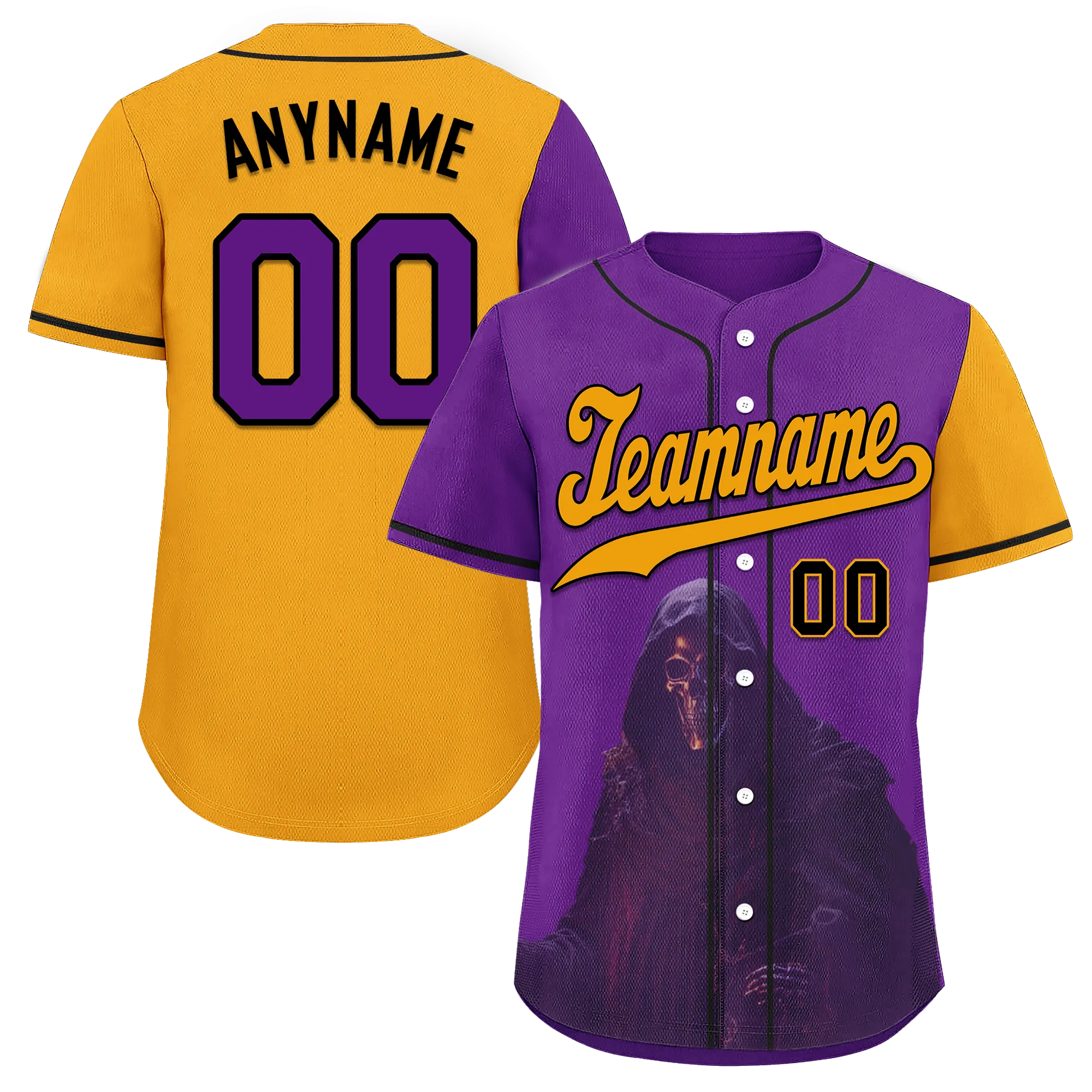 Custom Purple Yellow Skull Fashion Personalized Authentic Baseball Jersey BSBJ01-D017149