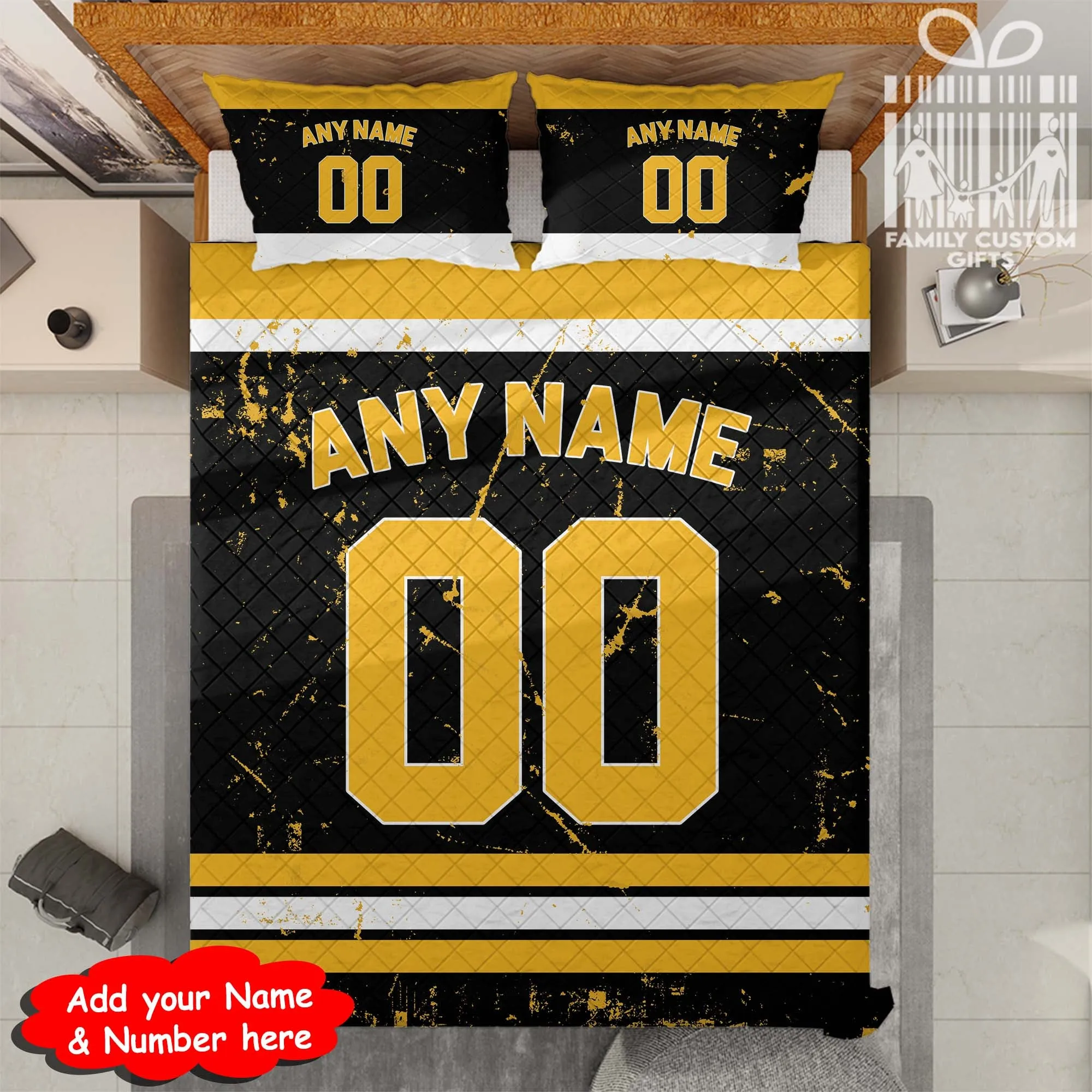 Custom Quilt Sets Boston Jersey Personalized Ice hockey Premium Quilt Bedding for Men Women
