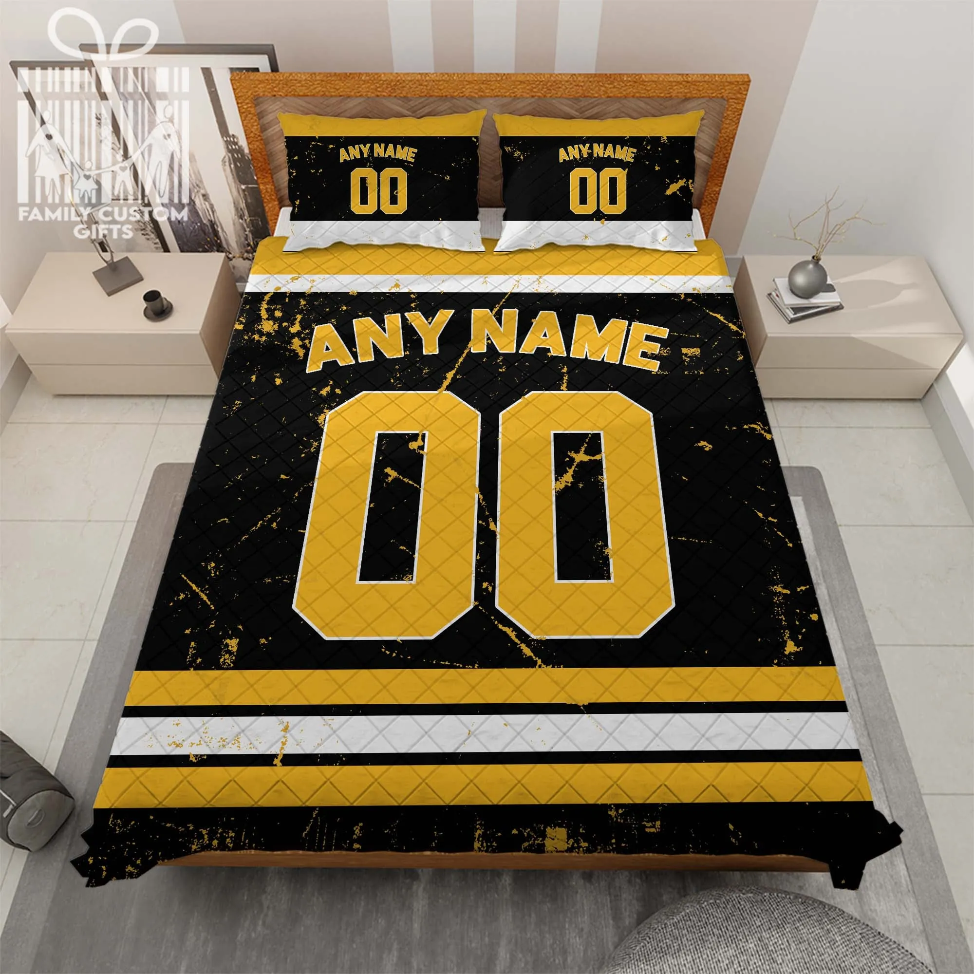Custom Quilt Sets Boston Jersey Personalized Ice hockey Premium Quilt Bedding for Men Women