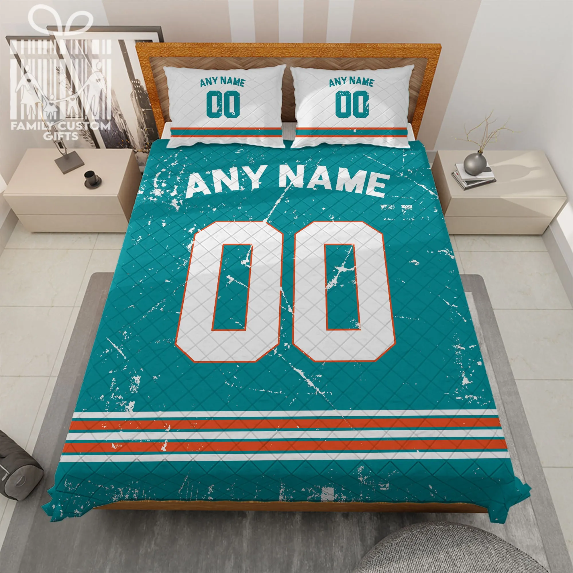 Custom Quilt Sets Miami Jersey Personalized Football Premium Quilt Bedding for Men Women
