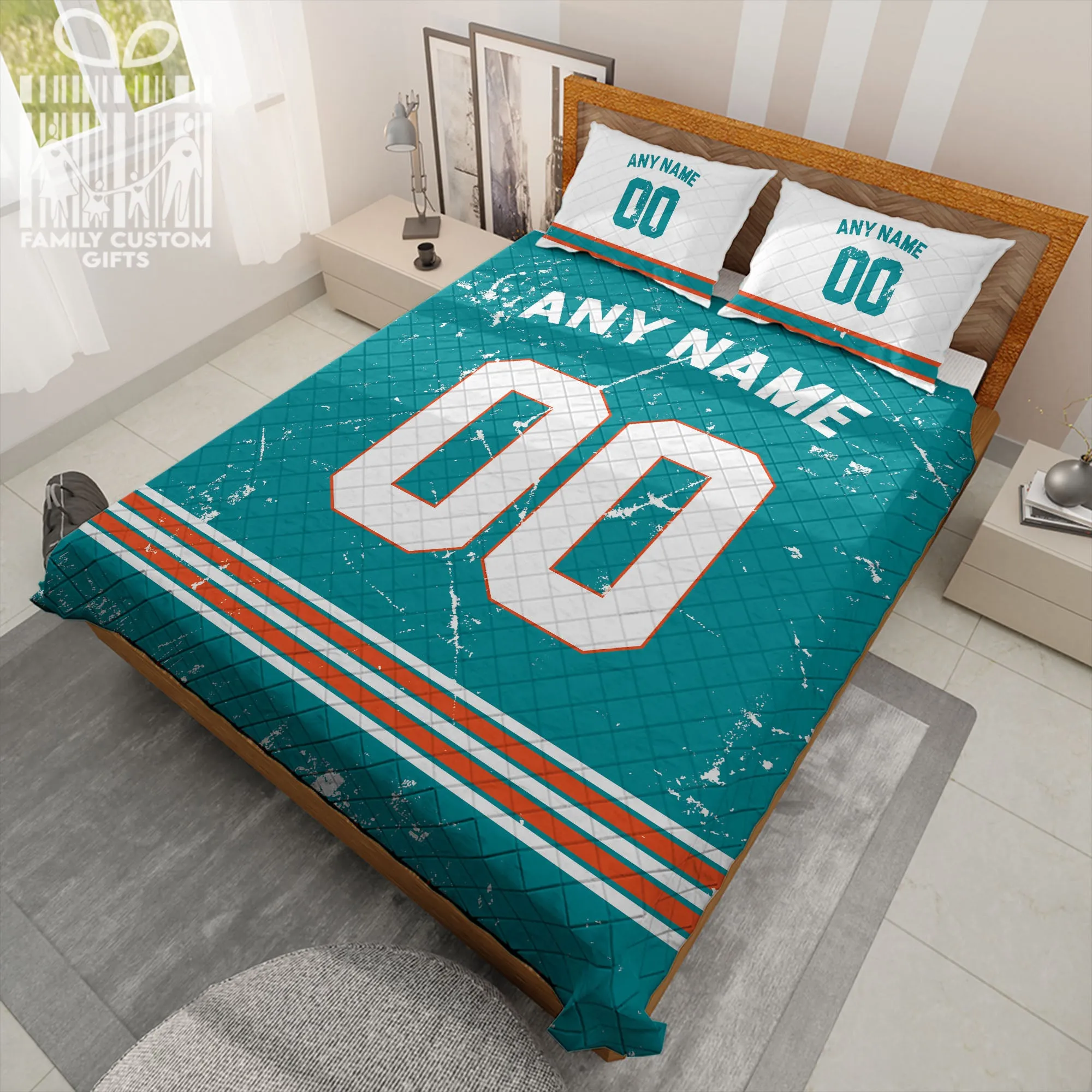 Custom Quilt Sets Miami Jersey Personalized Football Premium Quilt Bedding for Men Women