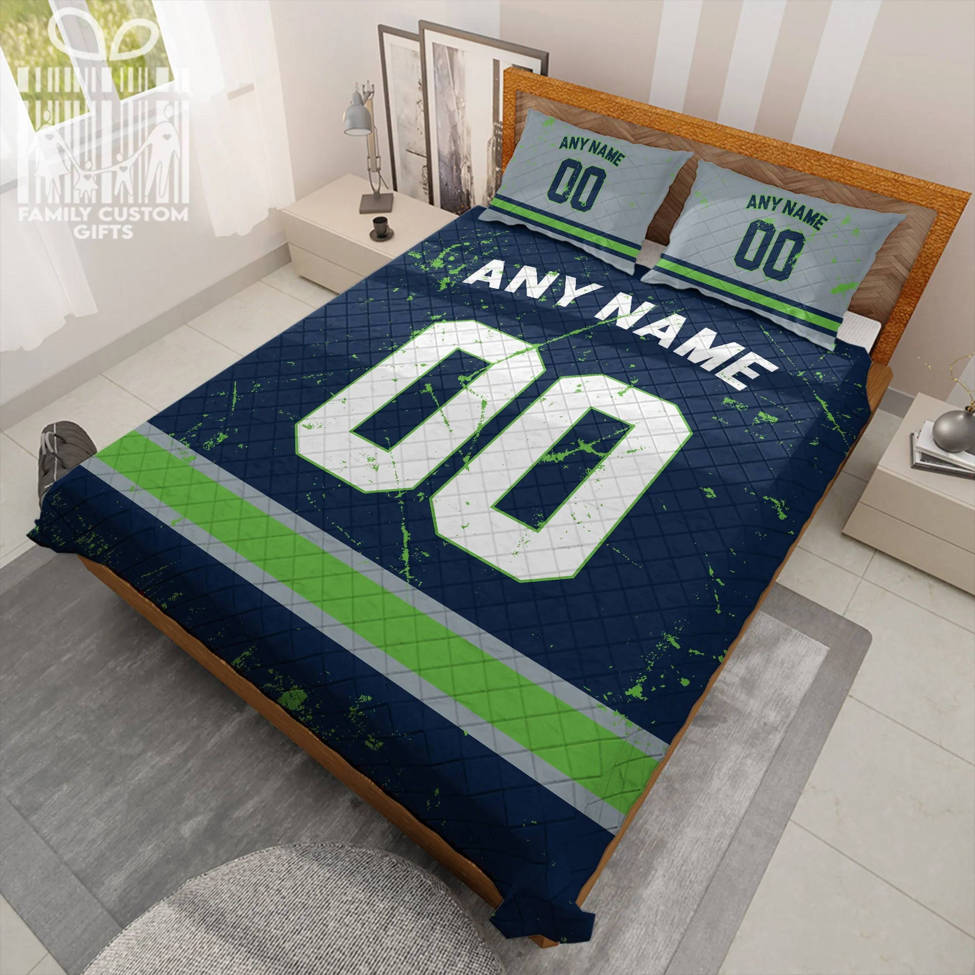 Custom Quilt Sets Seattle Jersey Personalized Football Premium Quilt Bedding for Men Women