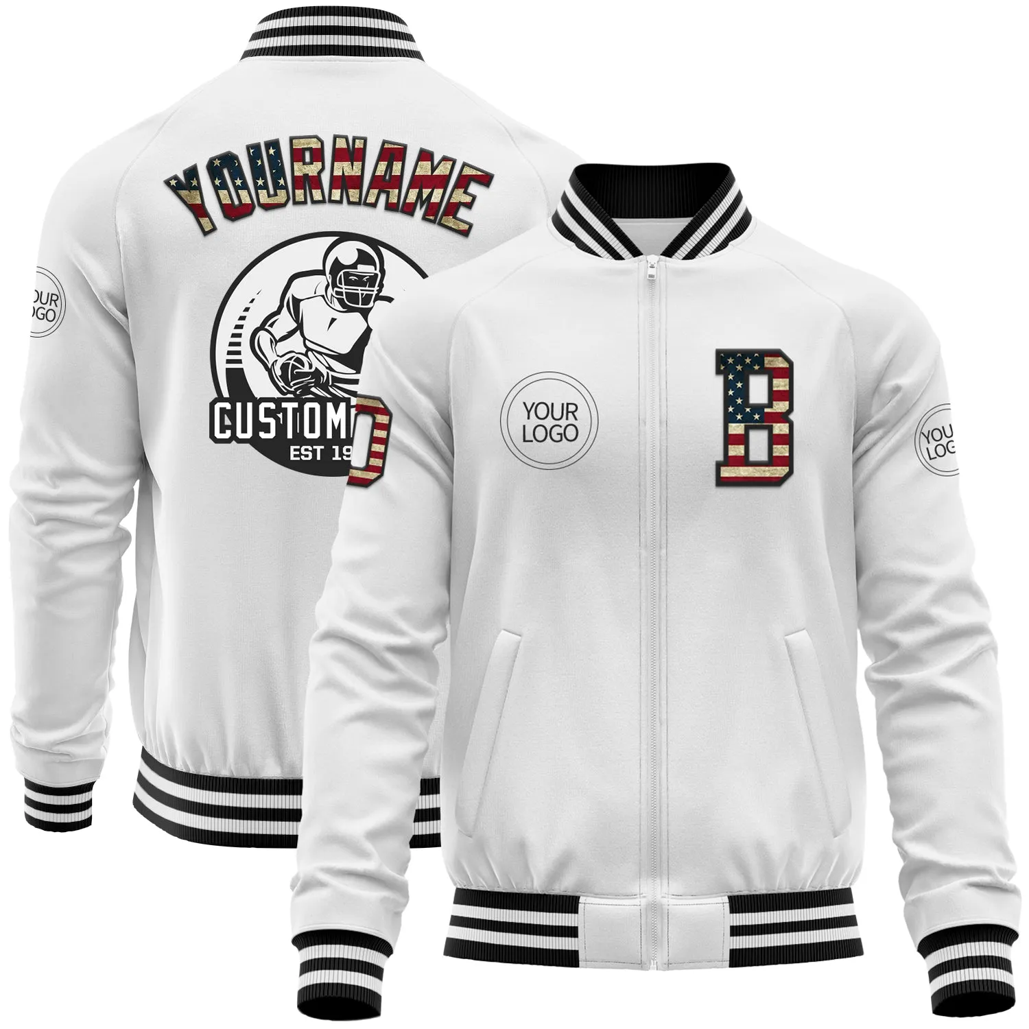 Custom White Vintage USA Flag-Black Bomber Varsity Letterman Zipper Jacket
