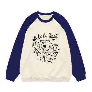 Cute Cartoon Print Patchwork Sweatshirt