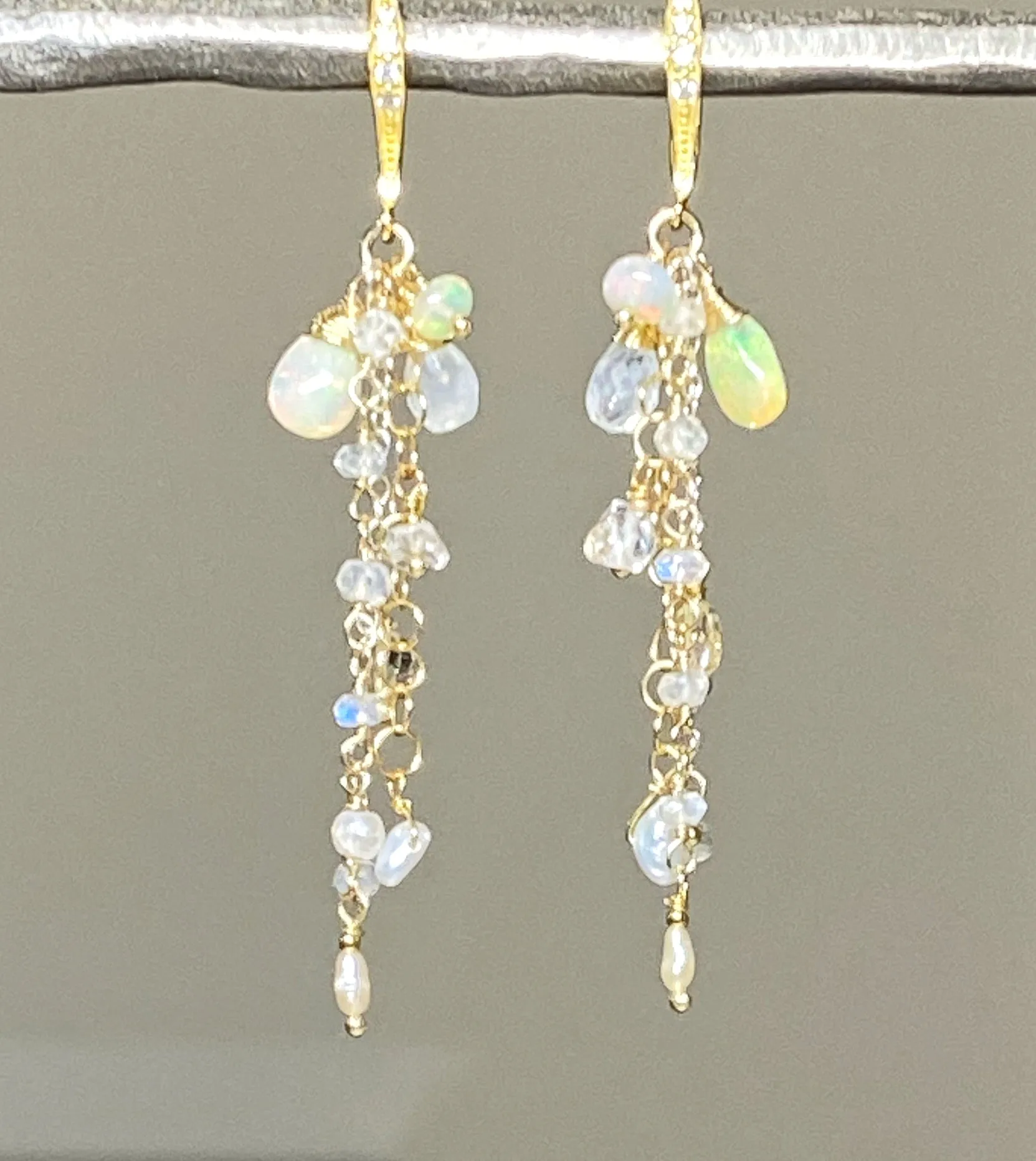 Dainty Opal Dangle Earrings Moonstone Gold & Silver Bridal Earrings