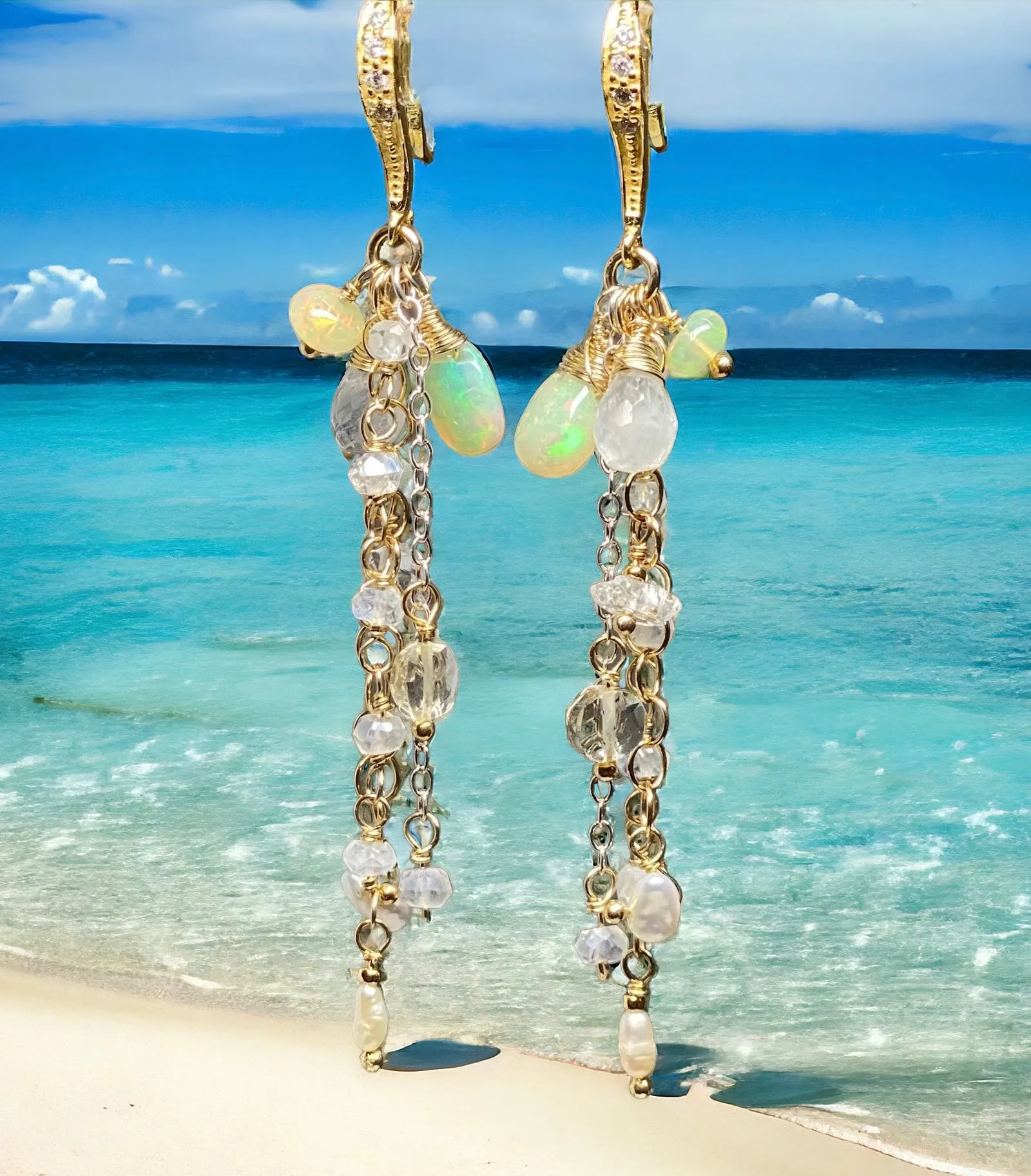 Dainty Opal Dangle Earrings Moonstone Gold & Silver Bridal Earrings