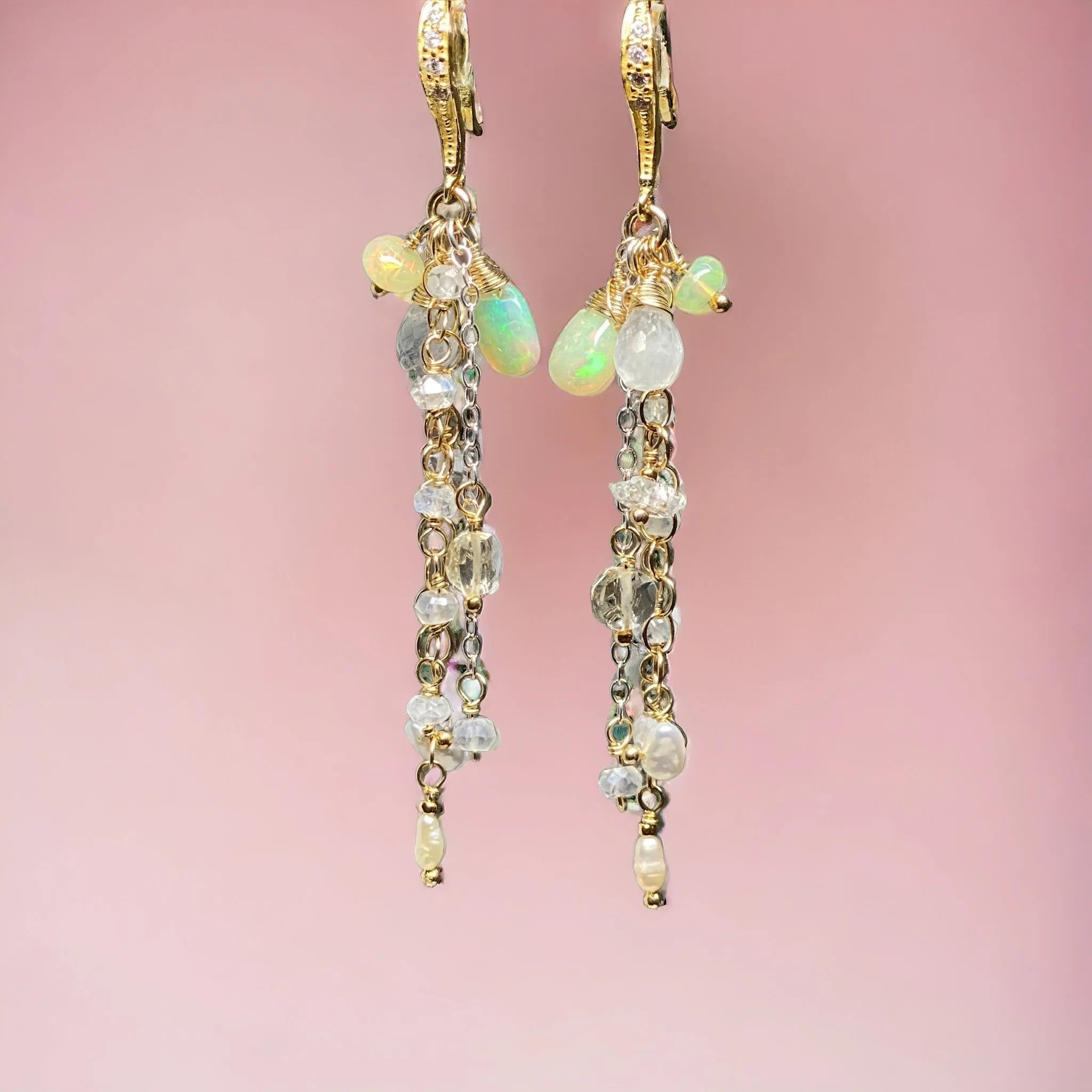 Dainty Opal Dangle Earrings Moonstone Gold & Silver Bridal Earrings