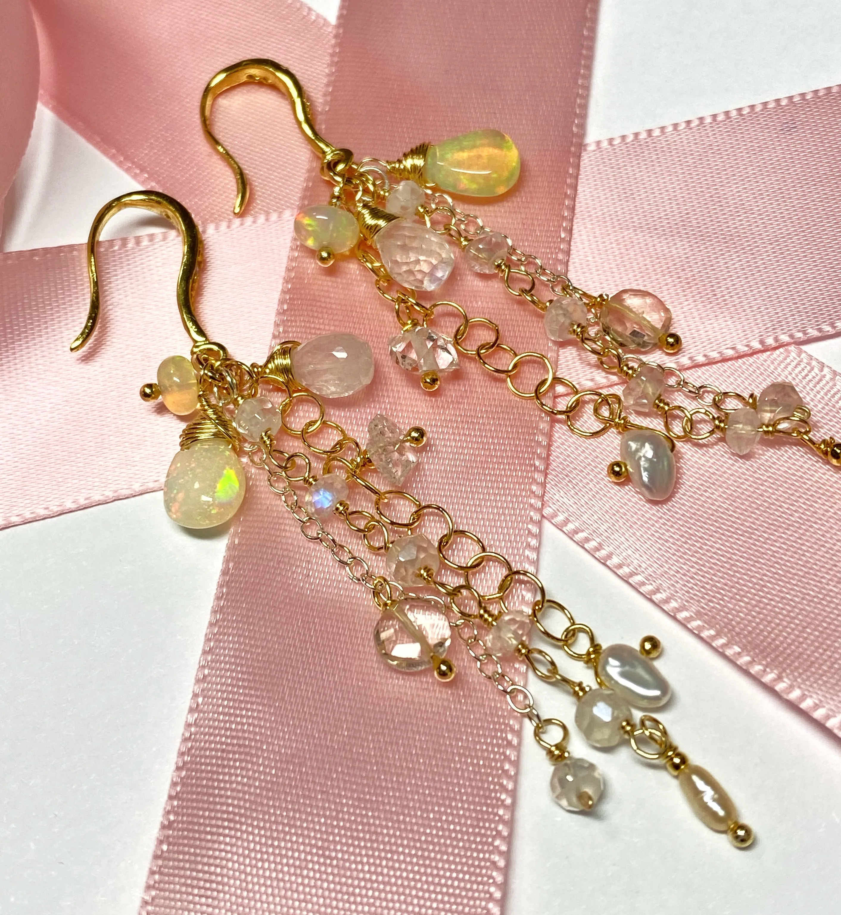 Dainty Opal Dangle Earrings Moonstone Gold & Silver Bridal Earrings