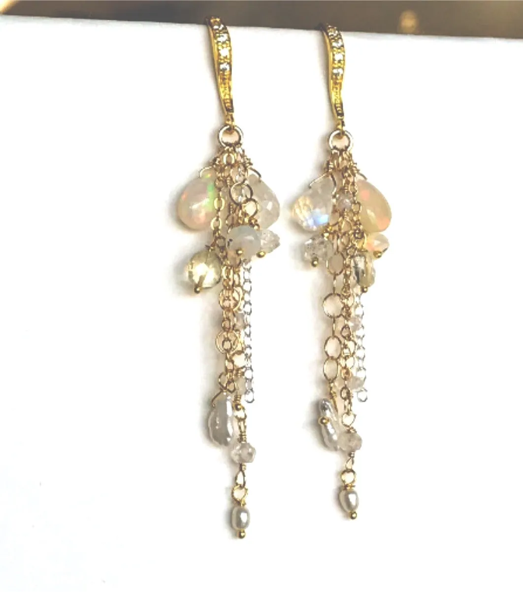 Dainty Opal Dangle Earrings Moonstone Gold & Silver Bridal Earrings