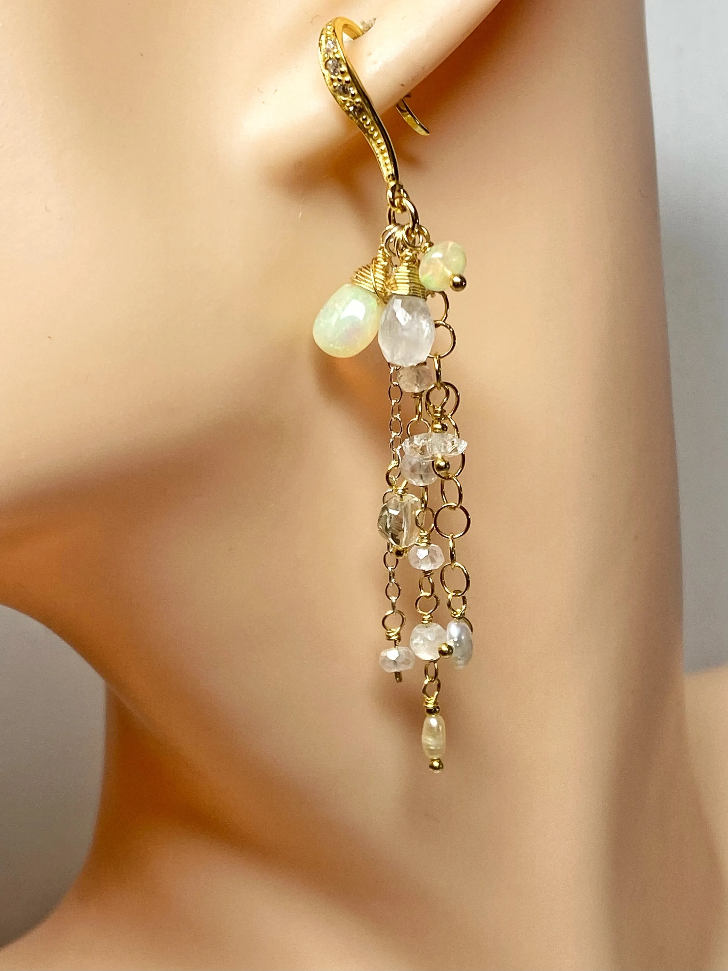 Dainty Opal Dangle Earrings Moonstone Gold & Silver Bridal Earrings