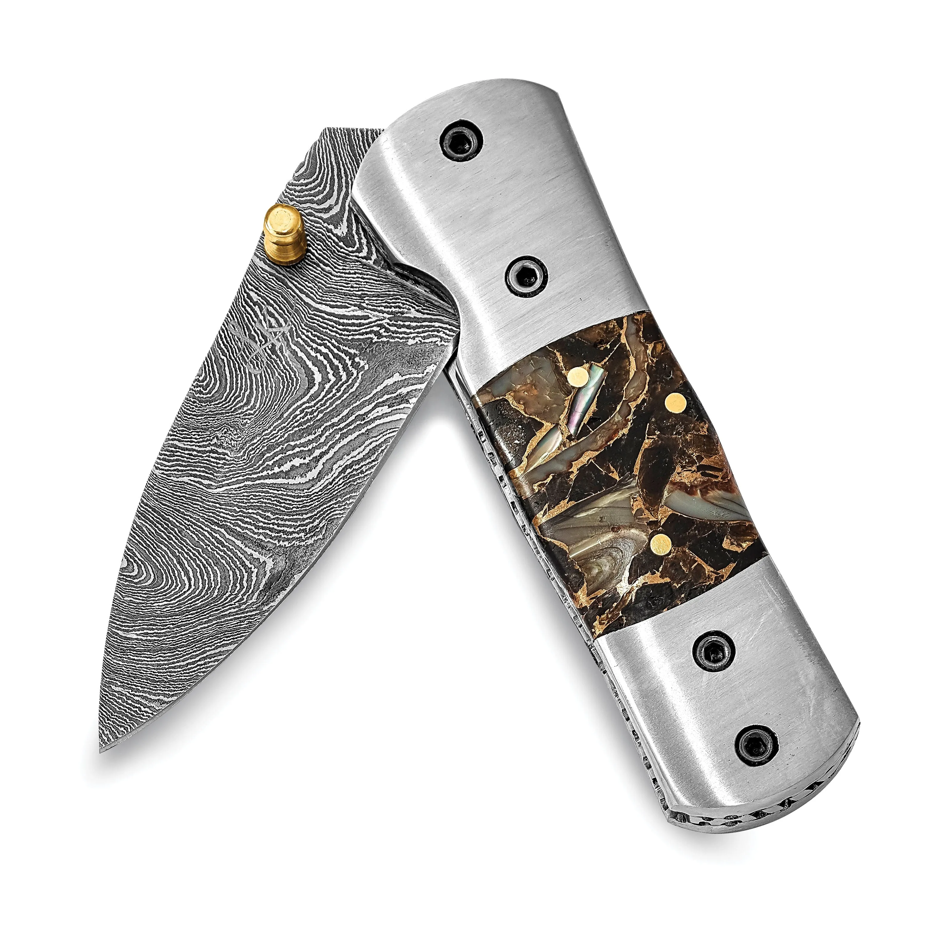 Damascus Steel 256 Layer Folding Compressd Bronze-Abalone-Obsidian Knife