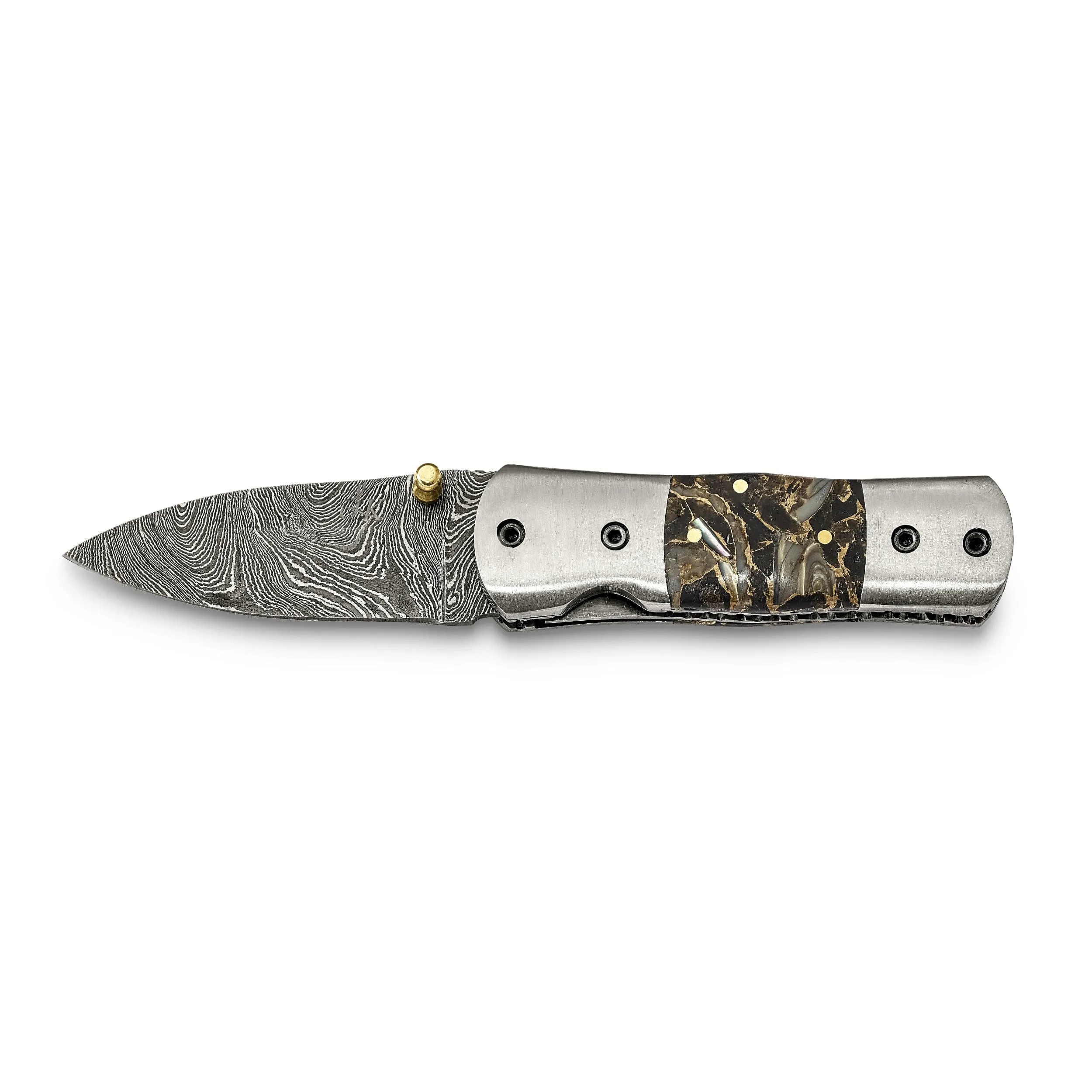 Damascus Steel 256 Layer Folding Compressd Bronze-Abalone-Obsidian Knife