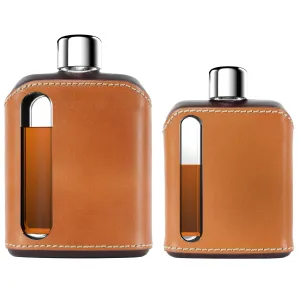 Dark & Tan Leather Glass Flask Gift Set (Single Shot 100mL   Double Shot 240mL)