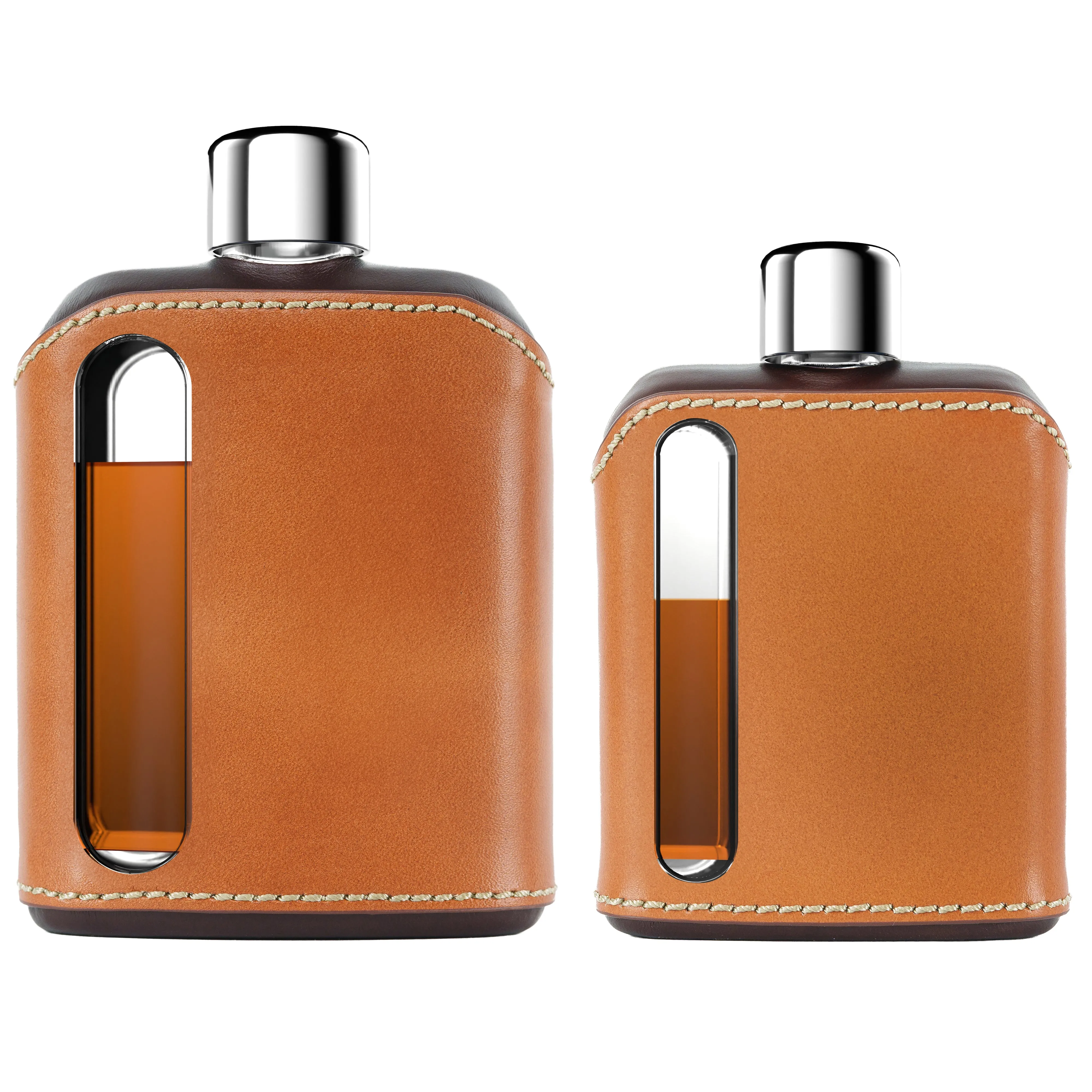 Dark & Tan Leather Glass Flask Gift Set (Single Shot 100mL   Double Shot 240mL)