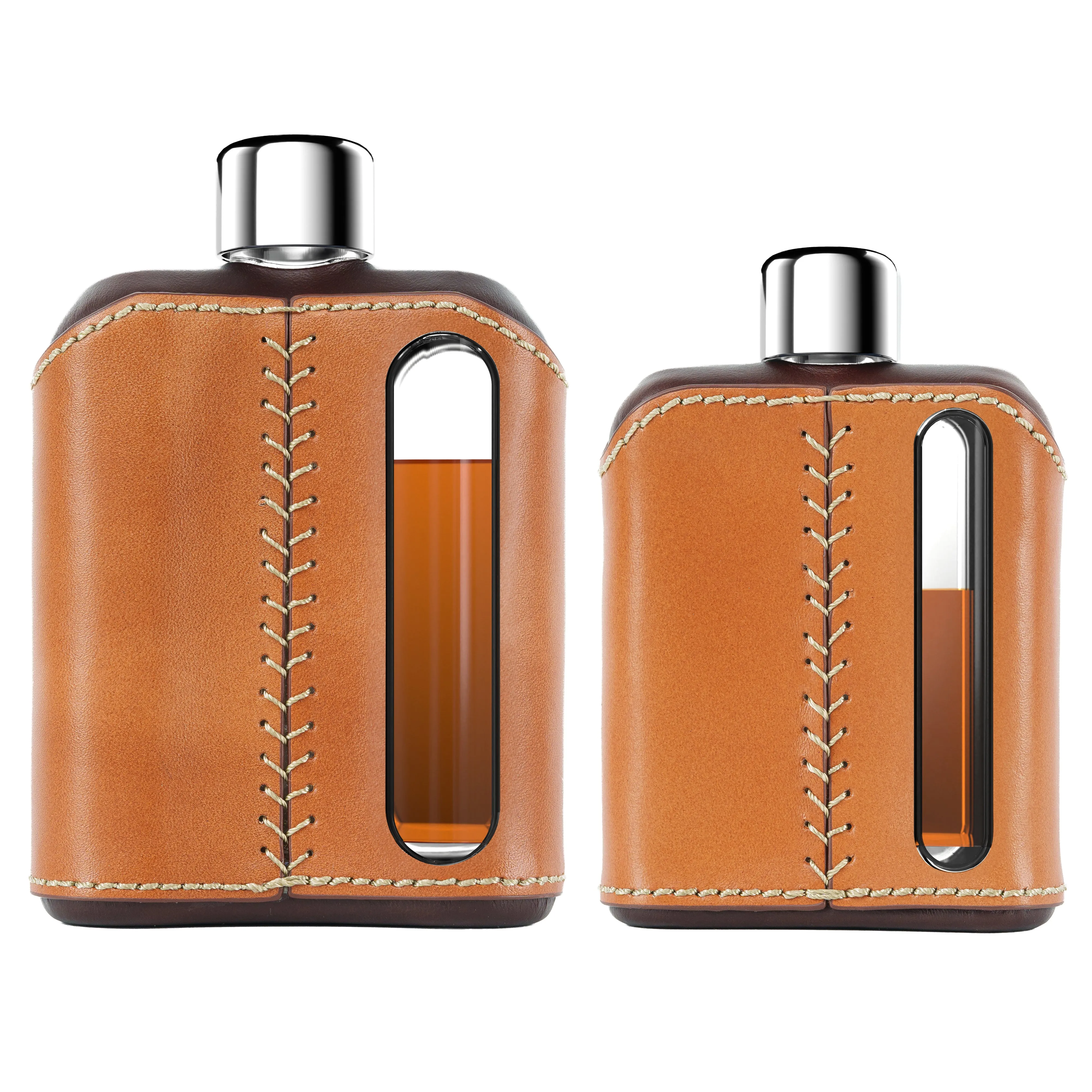 Dark & Tan Leather Glass Flask Gift Set (Single Shot 100mL   Double Shot 240mL)