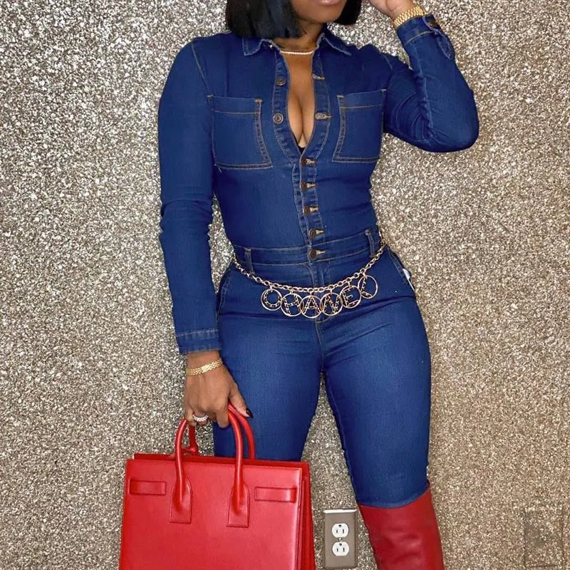 Denim V-Neck Button Detailed Jumpsuit