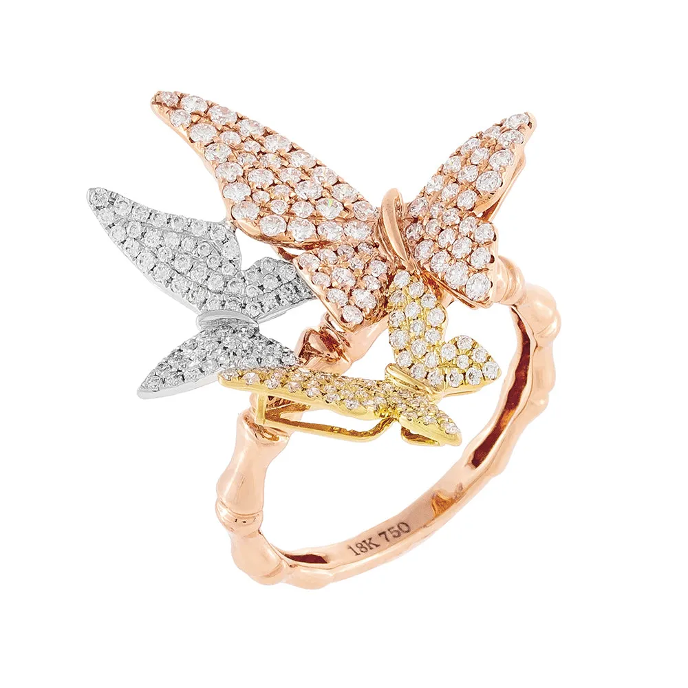 Diamond Trio Butterfly Bamboo Ring 18K