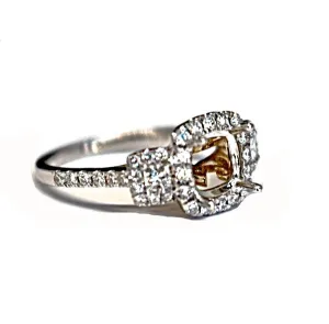 Diamondaire 3 Stone Halo Engagement Ring with a Two-Tone Undercarriage