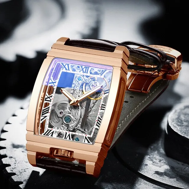 Diasteria Skeleton Automatic Mechanical Watch with Luminous Hands, Tonneau shape