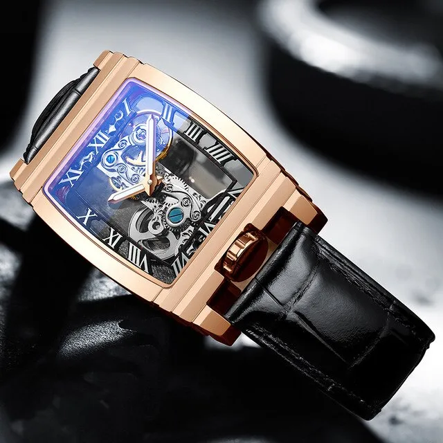Diasteria Skeleton Automatic Mechanical Watch with Luminous Hands, Tonneau shape