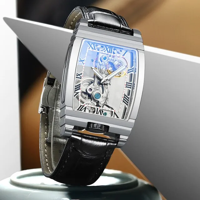 Diasteria Skeleton Automatic Mechanical Watch with Luminous Hands, Tonneau shape