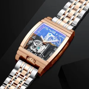 Diasteria Skeleton Automatic Mechanical Watch with Luminous Hands, Tonneau shape