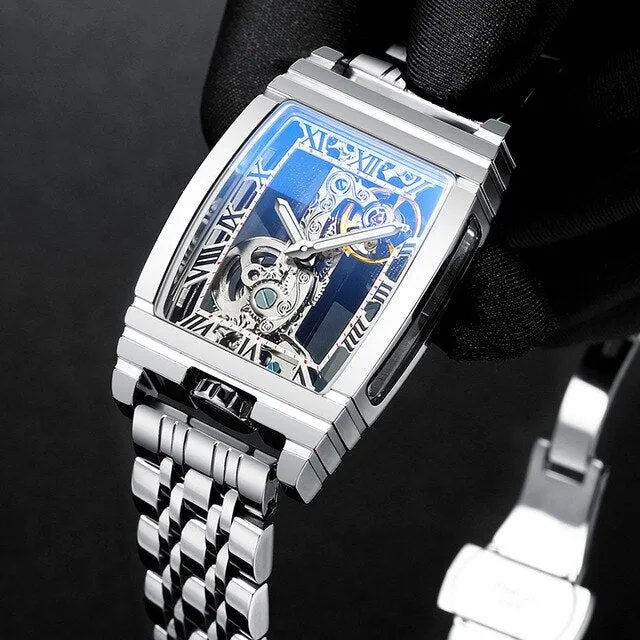 Diasteria Skeleton Automatic Mechanical Watch with Luminous Hands, Tonneau shape