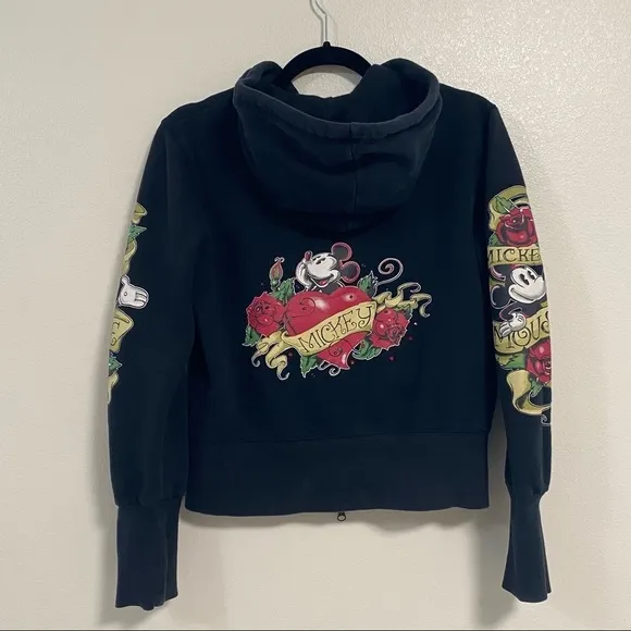 Disney Parks Mickey Mouse Rose Tattoo Zip Hoodie Black Size Medium