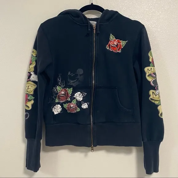 Disney Parks Mickey Mouse Rose Tattoo Zip Hoodie Black Size Medium