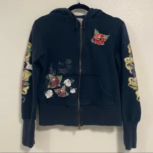 Disney Parks Mickey Mouse Rose Tattoo Zip Hoodie Black Size Medium