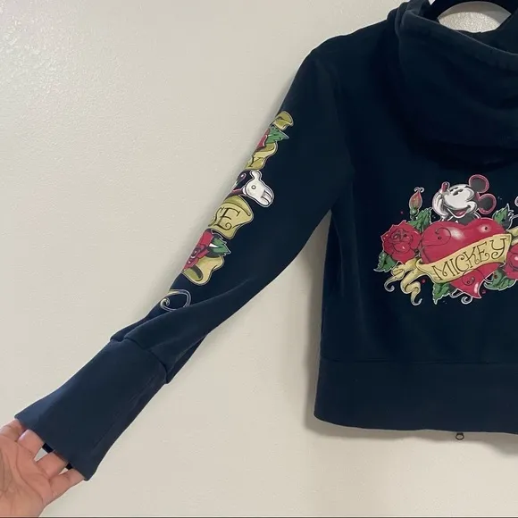 Disney Parks Mickey Mouse Rose Tattoo Zip Hoodie Black Size Medium