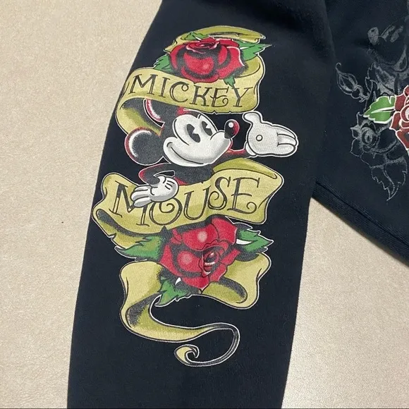 Disney Parks Mickey Mouse Rose Tattoo Zip Hoodie Black Size Medium
