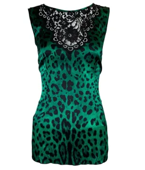 Dolce & Gabbana Green Leopard Silk and Lace Top