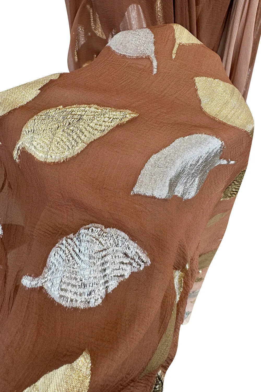 Dreamiest Fall 1989 Bob Mackie Runway Silk Chiffon w Metallic Leaf Print Underlay Strapless Dress