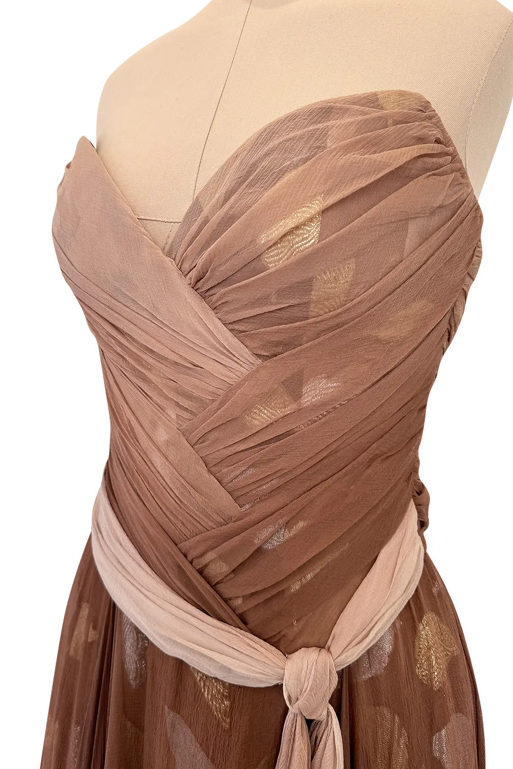 Dreamiest Fall 1989 Bob Mackie Runway Silk Chiffon w Metallic Leaf Print Underlay Strapless Dress