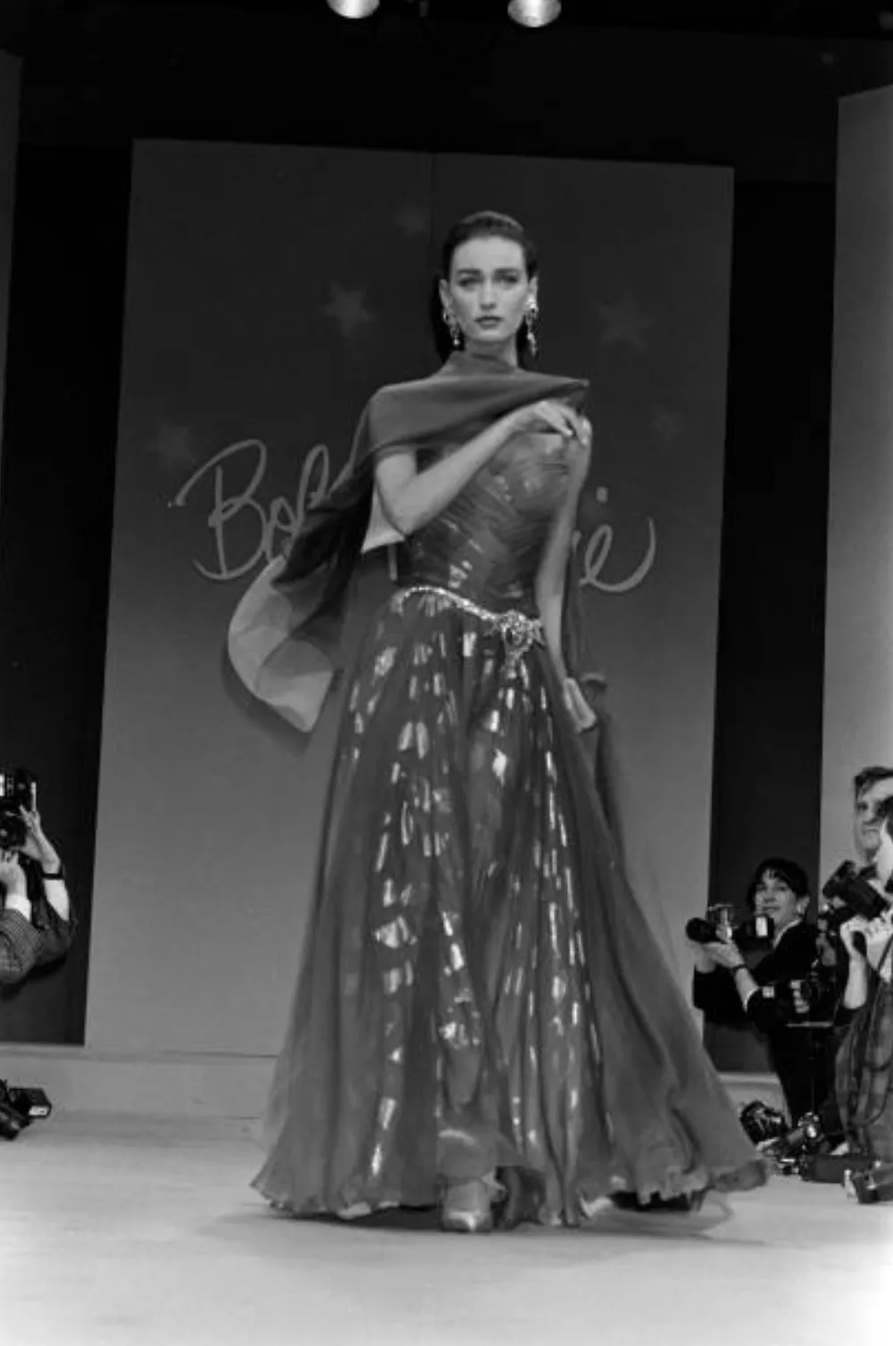 Dreamiest Fall 1989 Bob Mackie Runway Silk Chiffon w Metallic Leaf Print Underlay Strapless Dress