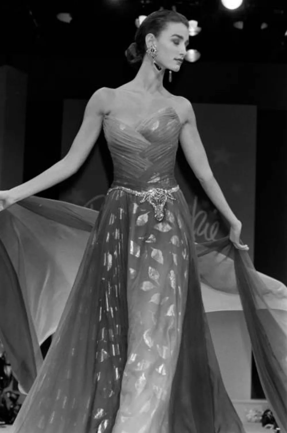 Dreamiest Fall 1989 Bob Mackie Runway Silk Chiffon w Metallic Leaf Print Underlay Strapless Dress