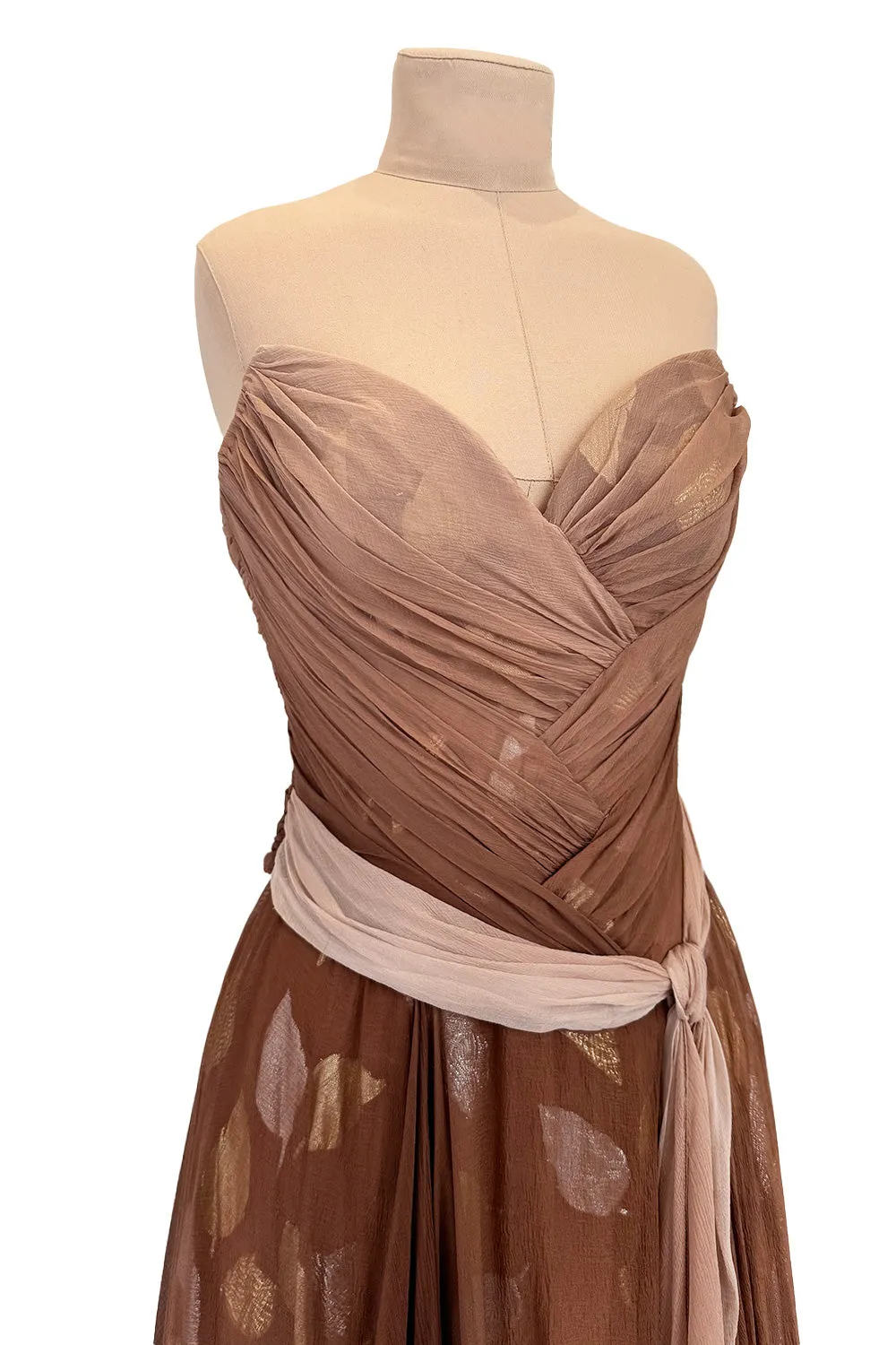 Dreamiest Fall 1989 Bob Mackie Runway Silk Chiffon w Metallic Leaf Print Underlay Strapless Dress