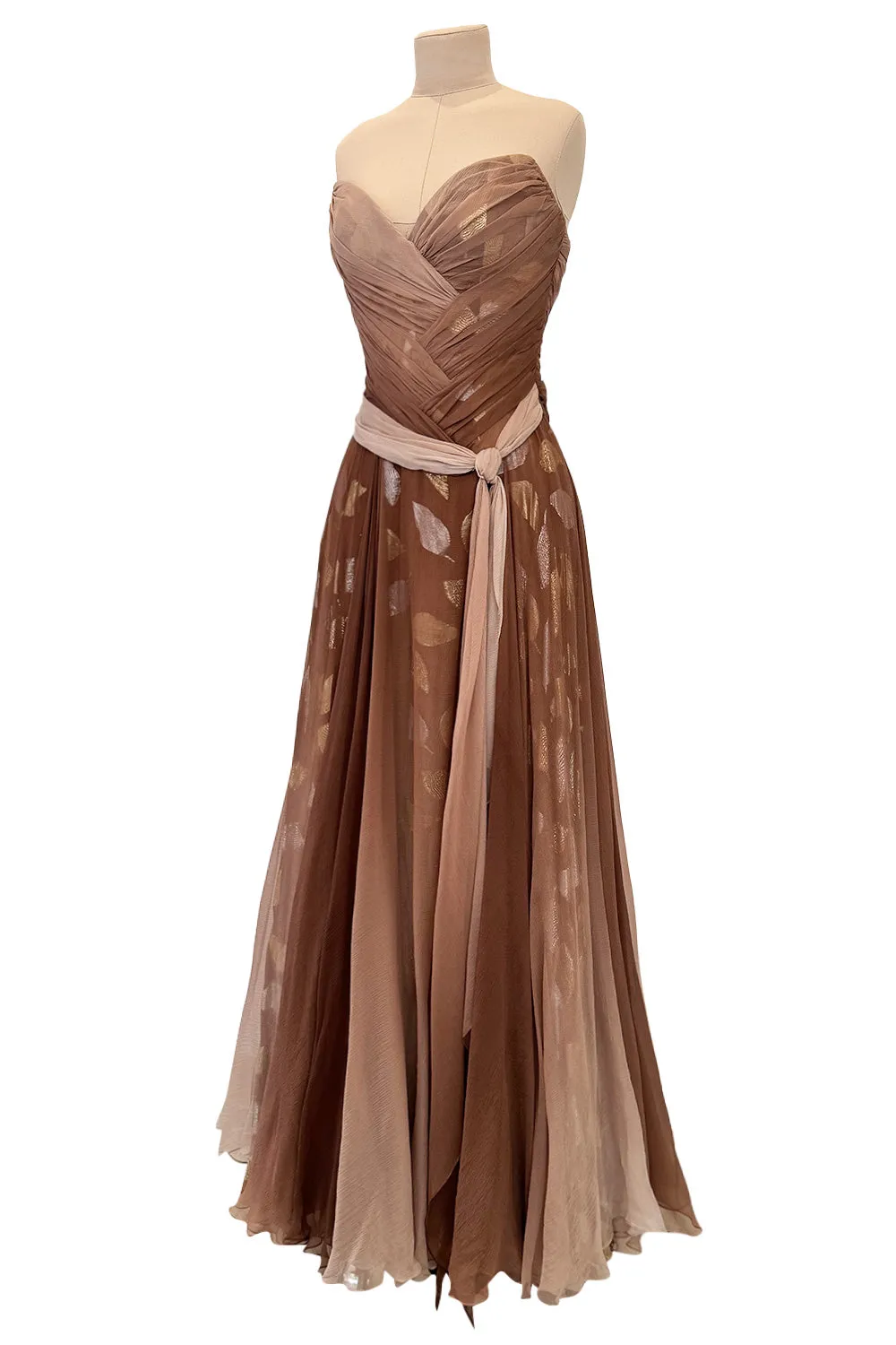 Dreamiest Fall 1989 Bob Mackie Runway Silk Chiffon w Metallic Leaf Print Underlay Strapless Dress