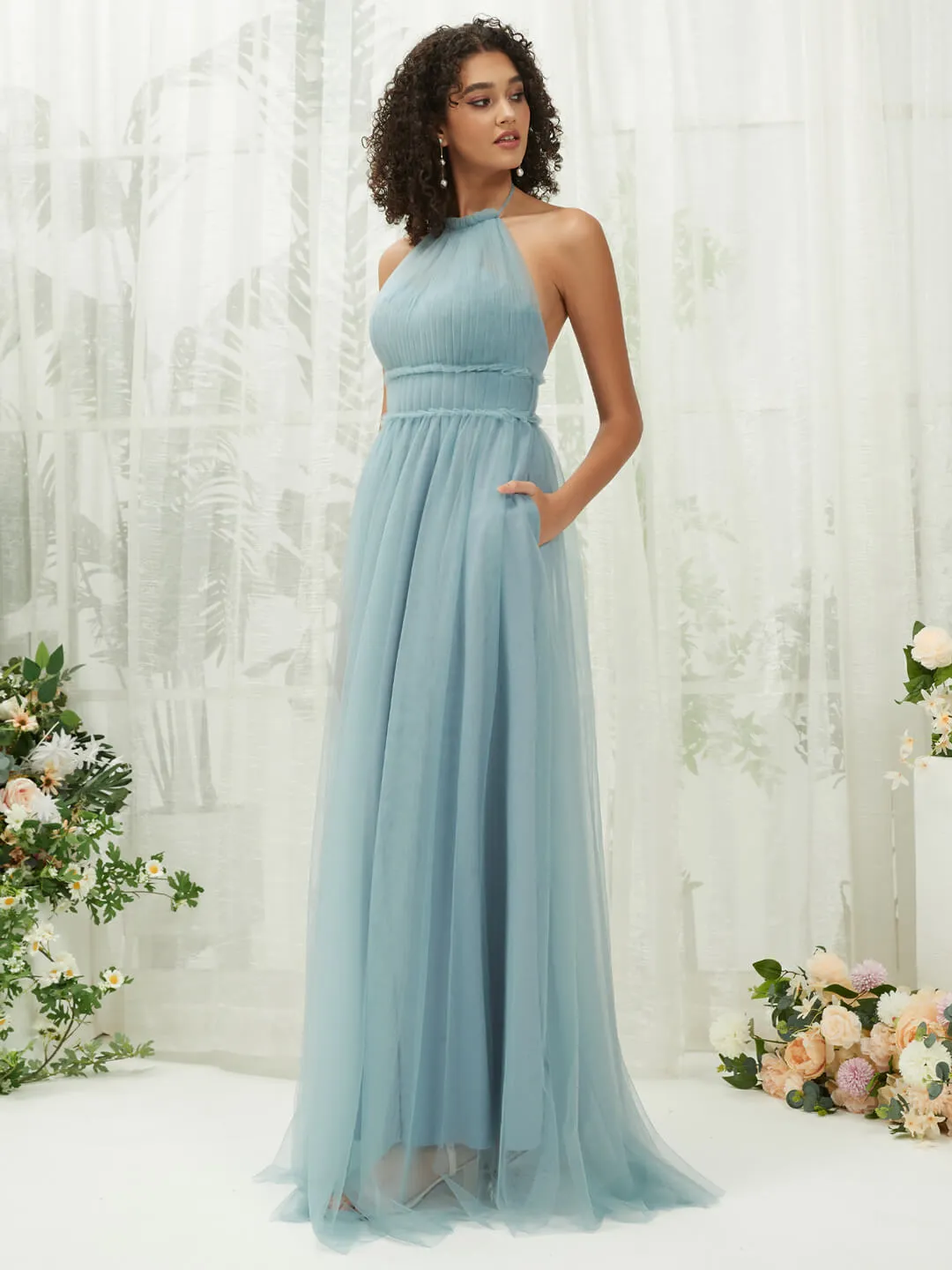 Dusty Blue Tulle Halter Neck Floor Length Bridesmaid Dress With Pocket