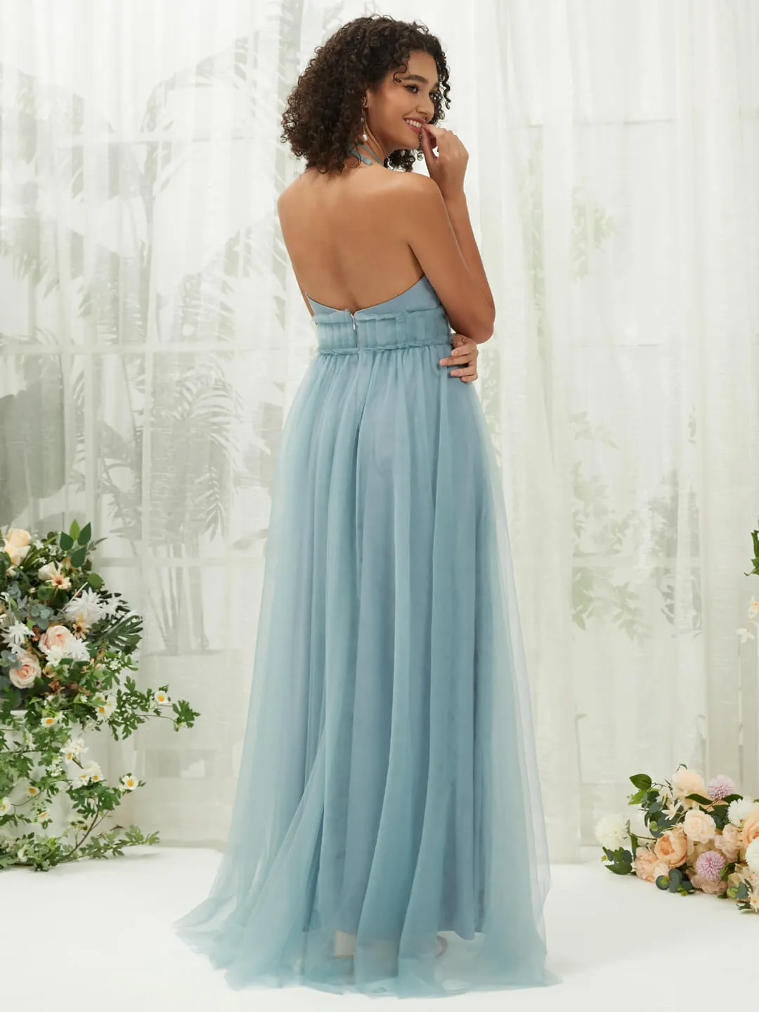 Dusty Blue Tulle Halter Neck Floor Length Bridesmaid Dress With Pocket