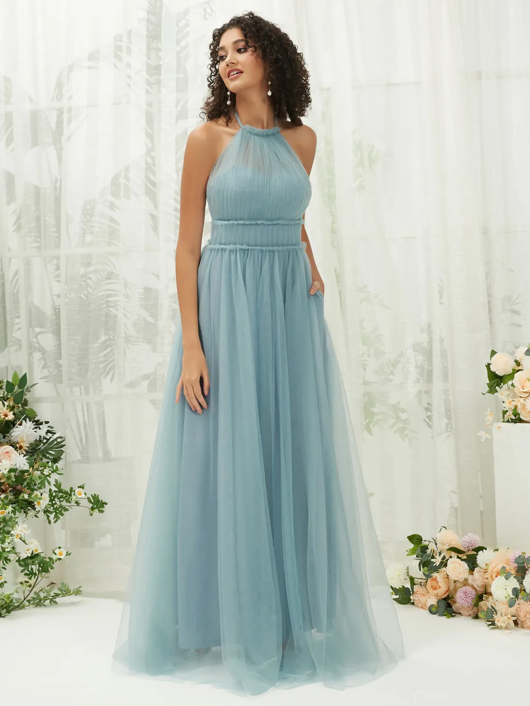 Dusty Blue Tulle Halter Neck Floor Length Bridesmaid Dress With Pocket