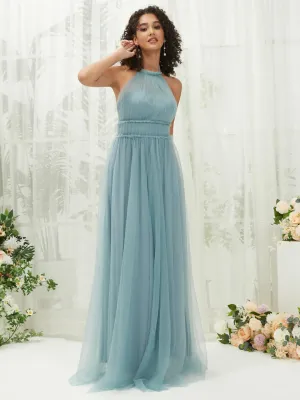 Dusty Blue Tulle Halter Neck Floor Length Bridesmaid Dress With Pocket