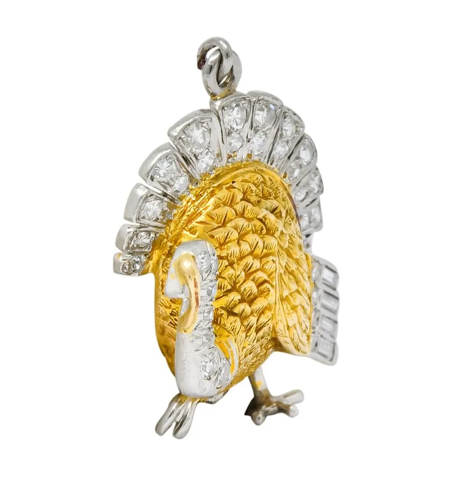 Edwardian 0.38 CTW Diamond 18 Karat Gold Platinum Turkey Charm