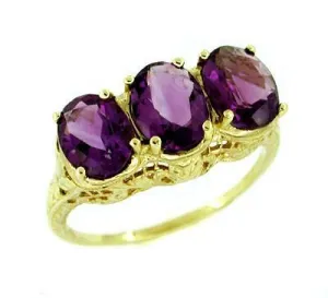 Edwardian Trio Amethyst Filigree Ring in 14 Karat Yellow Gold