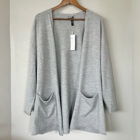 EILEEN FISHER NWT L Fine Merino Wool Jersey Open Front Cardigan in Dark Pearl